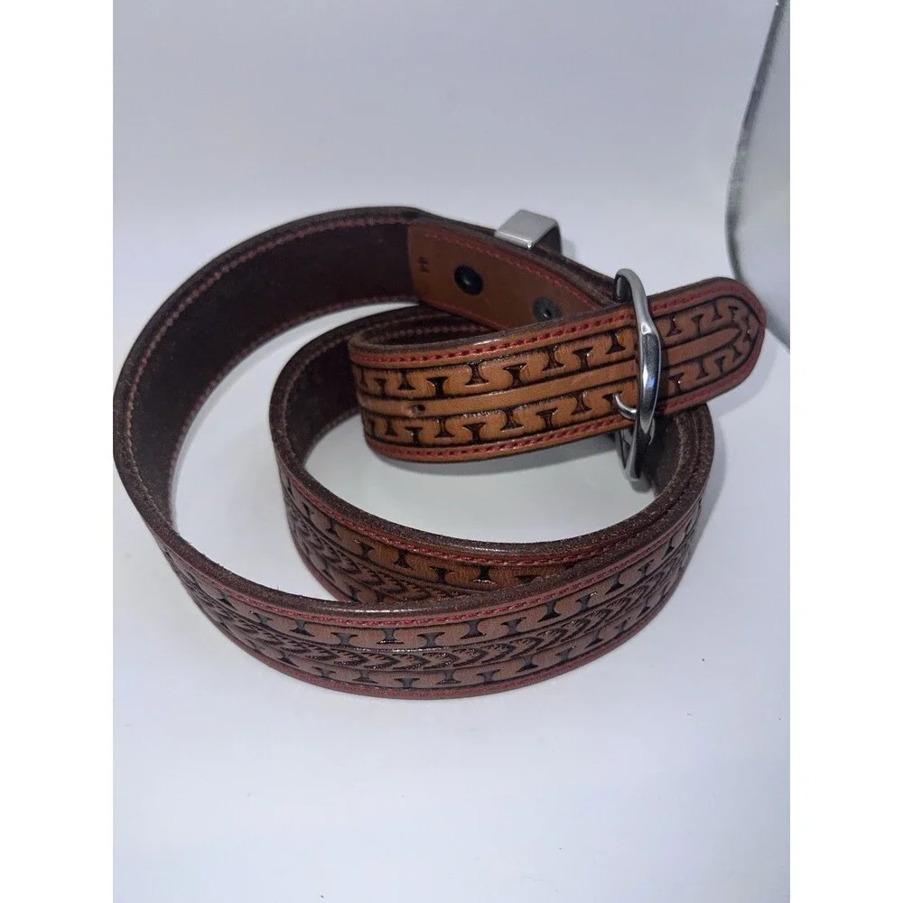 Tandy Tooled Mens Leather Belt Sz 44 Western Brown Floral Silver Tone Rodeo